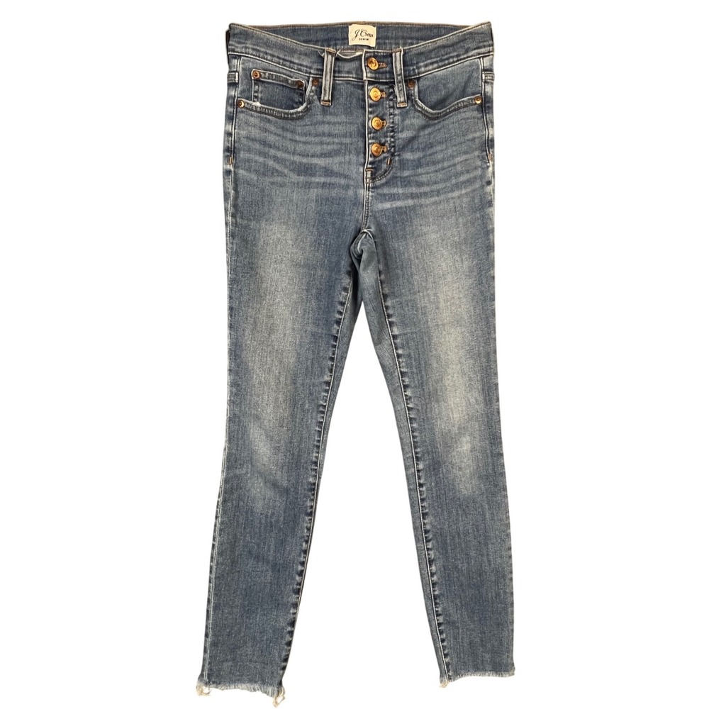 J Crew Denim Women Size 25 Toothpick Mid Rise Skinny Jeans Button Fly Frayed Hem